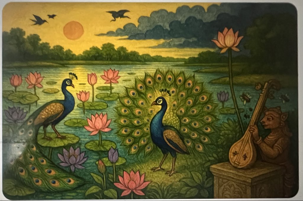 csuresh2001's tweet image. I asked AI to create picture of 12th century AD Kambaramayanam song - தண்டலை மயில்கள் ஆட, தாமரை விளக்கம் தாங்க,
கொண்டல்கள் முழவின் ஏங்க, குவளை கண் விழித்து நோக்க,
தெண் திரை எழினி காட்ட, தேம் பிழி மகர யாழின்
வண்டுகள் இனிது பாட, -மருதம் வீற்றிருக்கும் மாதோ @OldTamilPoetry