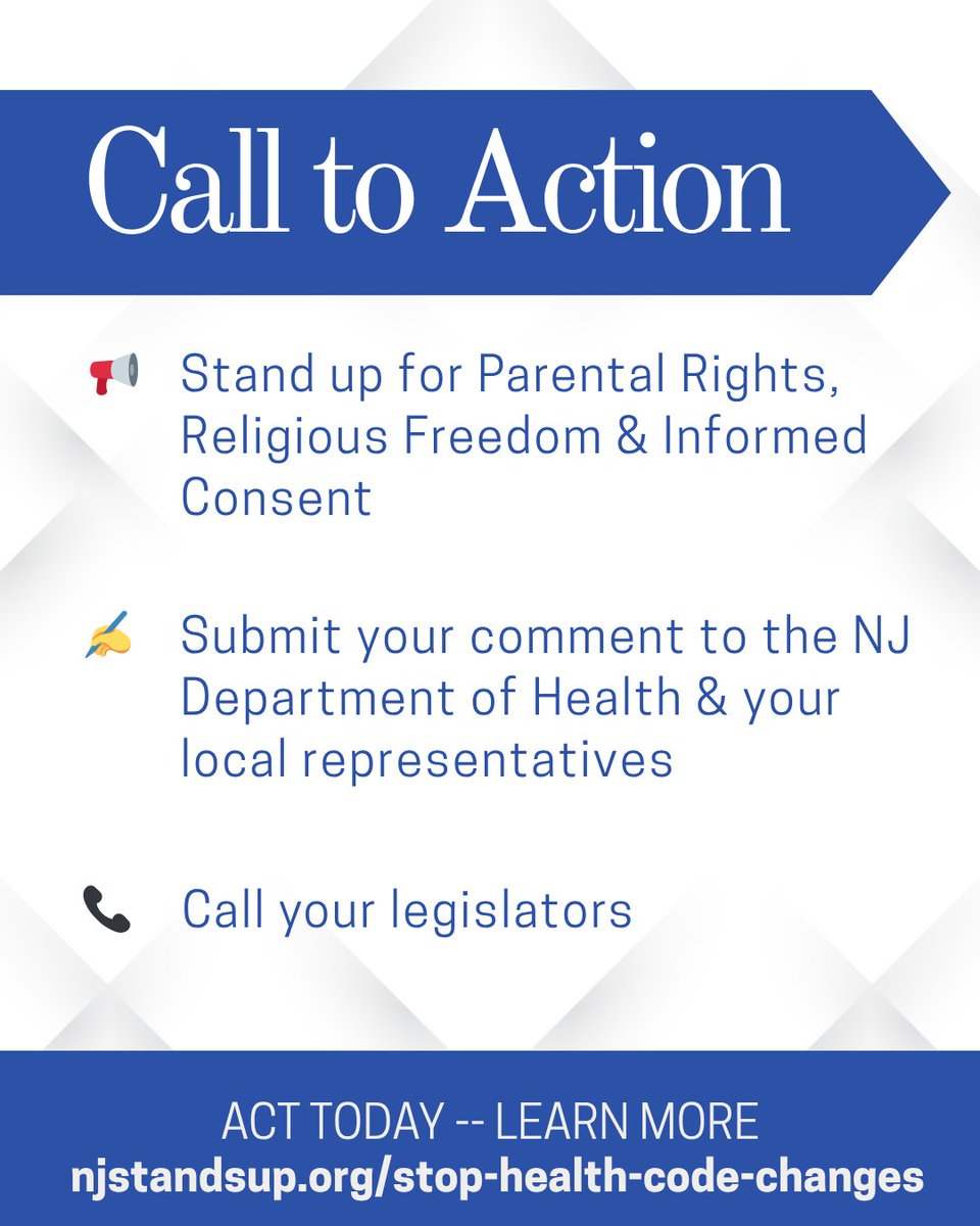 📜 The NJDOH wants to “update the immunization code,” 

🗣️ Our voices must be heard by Friday Nov 14th. Go to these links to take action today!  standforhealthfreedom.com/nj-doh/
standforhealthfreedom.com/actions/nj-hea…

#njparents #healthfreedom #parentalrights #religiousfreedom #informedconsent
