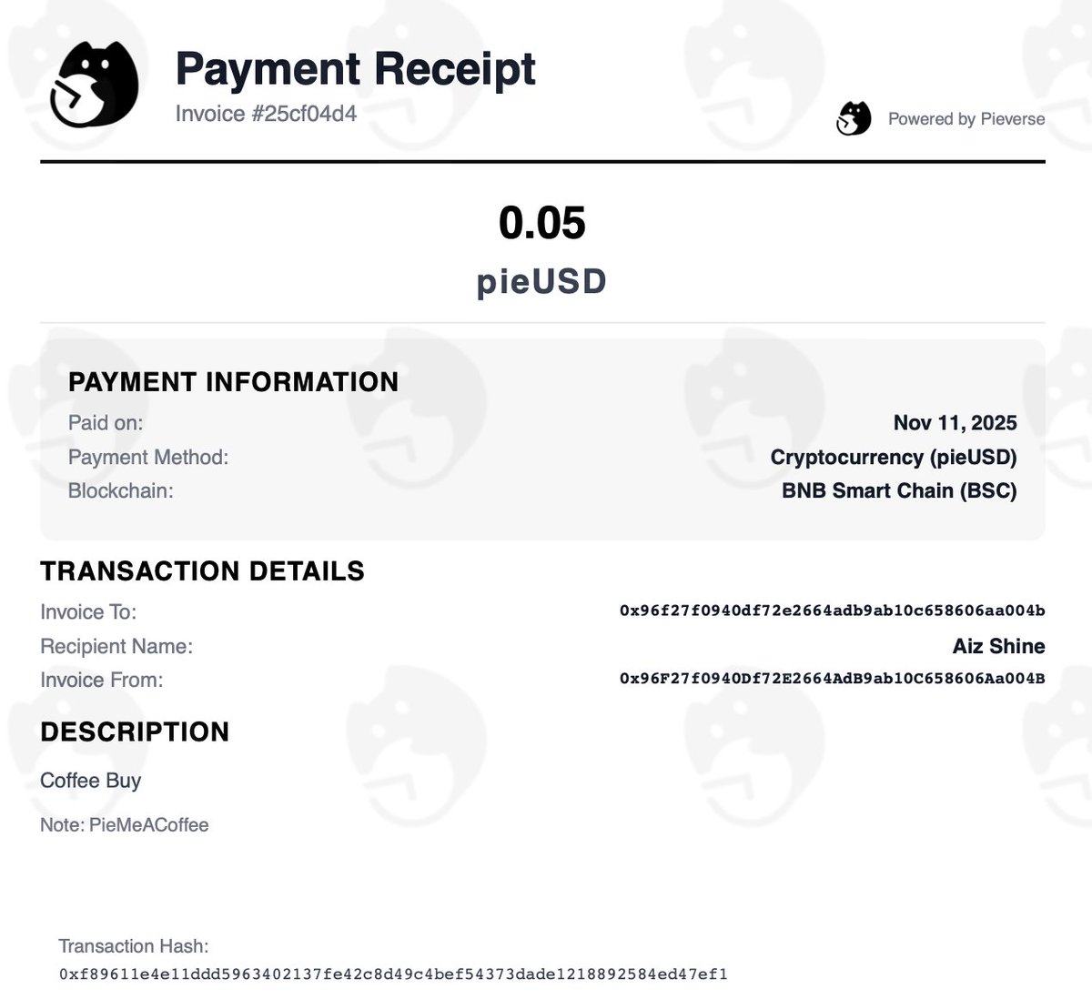 0xaizz's tweet image. Got a coffee with @pieverse_io Super Easy! No gas fee! #Pieverse #PieMeACoffee #x402