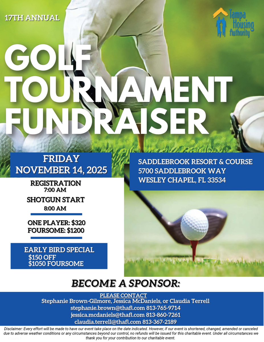 ⛳️ Tee off for a cause! Join <a href="/tampahaorg/">Tampa Housing Authority</a> 17th Annual Golf Tournament Fundraiser on Nov 14, 2025 at Saddlebrook Resort. Shotgun start at 8AM ⏰ Sponsorships available—support affordable housing in our community! #HelpingOurCity #ElevateTampa