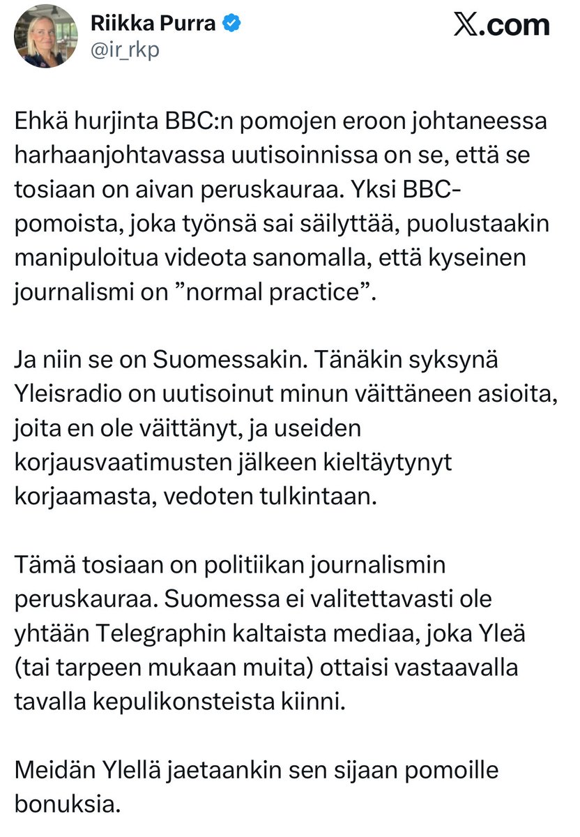 Taas Purra YLEn kimpussa. Tyypillistä äärioikeistolaista politiikkaa jolla viime kädessä yritetään horjuttaa oikeusvaltiota. YLEn on meidän kruununjalokivi jolla valtavan tärkeä rooli suomalaisessa yhteiskunnassa. YLE on myös ylivoimaisesti luotetuin tiedonvälittäjä. #persut