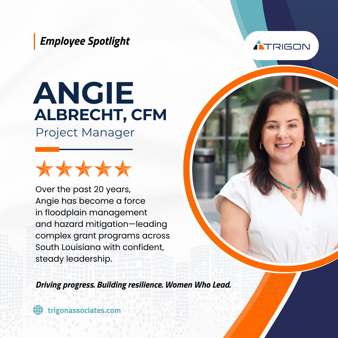 TrigonAssoc's tweet image. Women Who Lead: Angie Albrecht, CFM. For more than 20 years, Angie has brought passion, purpose, and unwavering commitment to hazard mitigation and disaster recovery across SELA. #WomenWhoLead #Trigon #CFM #FloodplainManagement #HazardMitigation #Leadership #WomenInSTEM
