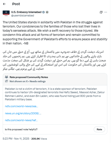 IndiaCrooks's tweet image. Thanks @elonmusk 4 letting #CommunityNote on post from @usembislamabad who has tried to pain #Pakistan as victim of #Terrorism. Pakistan is state-sponsor of #Terrorism but #USA looking the other way due to #DeepState agenda. SHAME on @realDonaldTrump @SecRubio for allowing this!