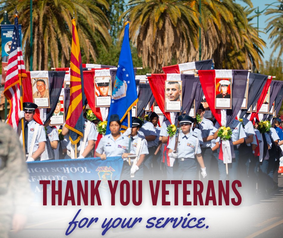 CITYOFMESA's tweet image. Our City offices are closed today (Nov. 11) in observance of Veterans Day. Trash and recycling collection will still be provided as scheduled, and emergency services will operate as normal. 

Join us at 11 a.m. for the East Valley Veterans Day Parade. my.mesaaz.gov/3WEcdgH