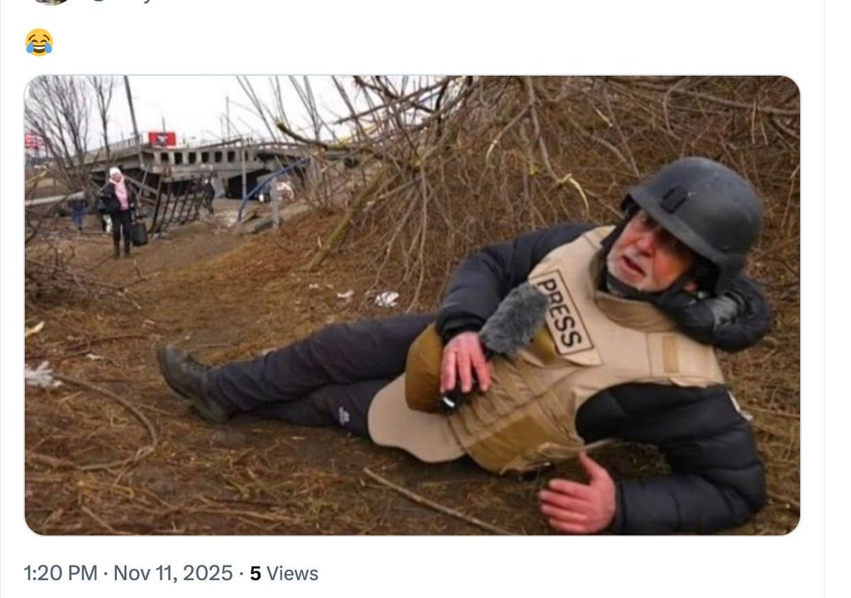 Wouldn't want to kick a man when he's down, but someone re-posted this. Footage that had been laughing out loud, despite the bleak context of Ukrainians flee Russian bombing early on in the war. Our BBC hero, out-braved by a lady with a shopping tote.