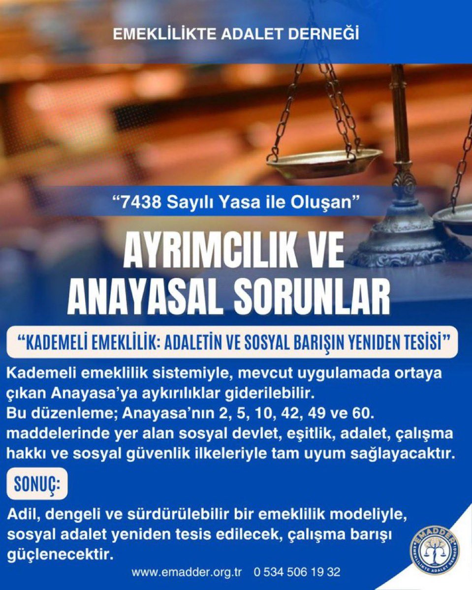 Sayın Çalışma ve Sosyal Güvenlik Bakanı Vedat Işıkhan’a,

<a href="/csgbakanligi/">T.C. Çalışma ve Sosyal Güvenlik Bakanlığı</a>
<a href="/isikhanvedat/">Prof. Dr. Vedat Işıkhan</a>
<a href="/vedatbilgn/">Vedat Bilgin</a>

Emeklilikte Adalet Derneği olarak, “her bir vatandaşımız için gayretle çalışıyoruz” ifadenizi dikkatle takip ettik.
Bizler de bu ülkenin alın teriyle yoğrulmuş çalışanları olarak