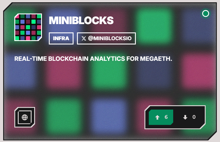 MiniBlocksIO's tweet image. We&apos;ve been added to fluffle.tools!

Thanks to @0x_ultra for including MiniBlocks in the MegaETH ecosystem catalog.

Vote for us if you find the project useful!