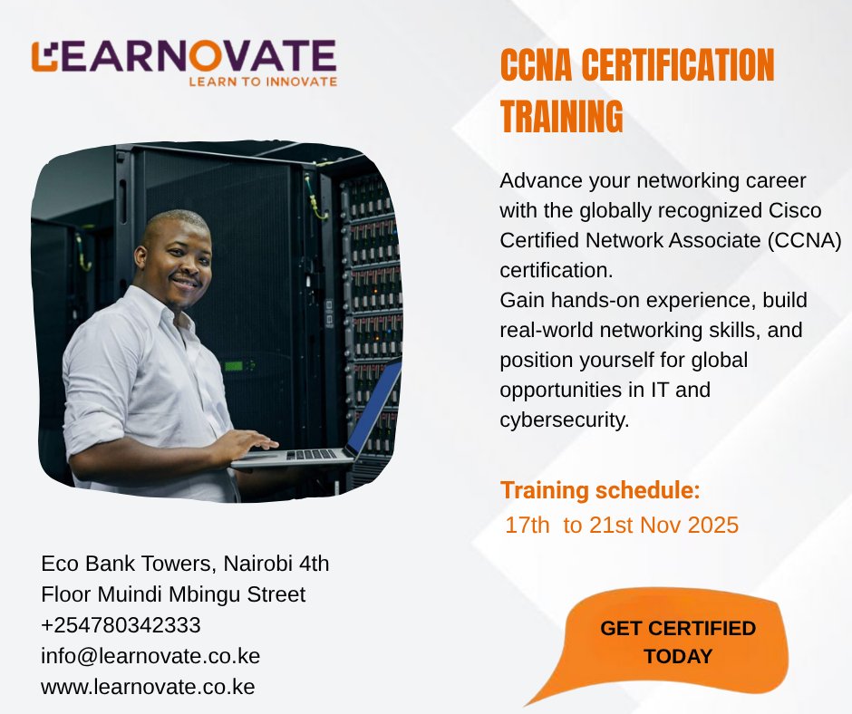 LearnovateTech's tweet image. The CCNA Certification is your gateway to better pay, growth, and recognition in tech. 🚀
✅ Learn real-world networking skills
✅ Hands-on labs &amp;amp; expert guidance
✅ Get certified and stand out
📞 +254 0116 953 365 | +254 780 342 333
🔗 shorturl.at/cj42z