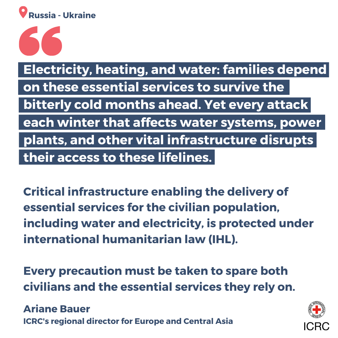 As winter approaches, attacks on critical infrastructure add pressure to systems already struggling after years of armed conflict between Russia and Ukraine. 

When the electricity supply is interrupted, the taps run dry, and the heating goes off, civilians are left vulnerable.