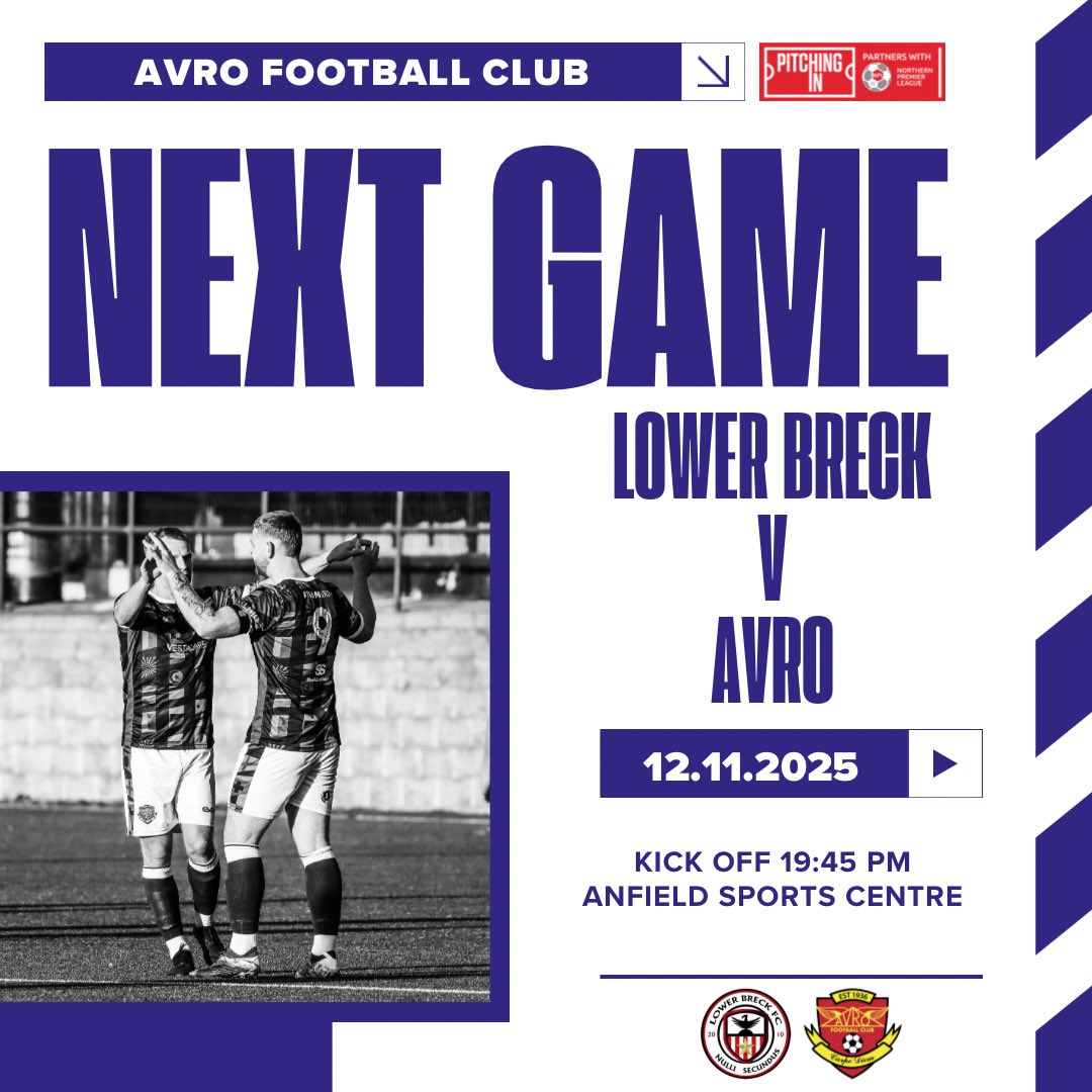 ‼️ NEXT UP | A reminder that we’re back in action tomorrow evening as we make the trip to Liverpool to face league leaders <a href="/lowerbreck/">LOWER BRECK FC</a>. From our previous battles in the counties, we look forward to our first ever meeting in the <a href="/NorthernPremLge/">The Pitching In Northern Premier League</a> West. We wish travelling supporters