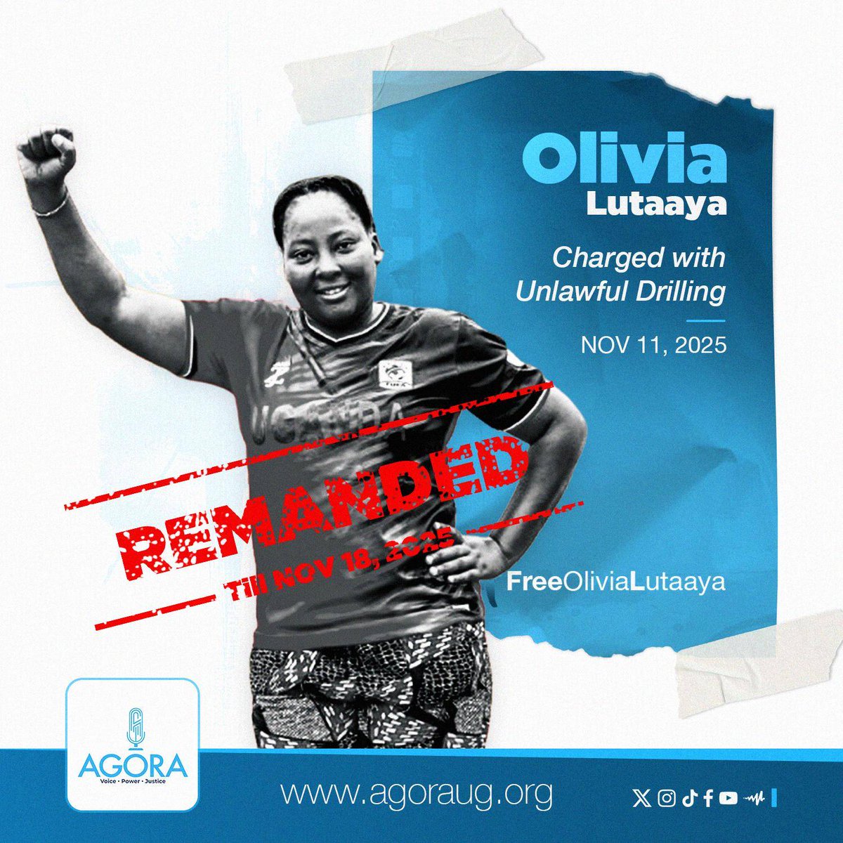 Olivia Lutaaya, who is being charged with unlawful drilling, has now been remanded until November 18, 2025, when she returns to court for mention of her case. 

#FreeAllPoliticalPrisonersUganda