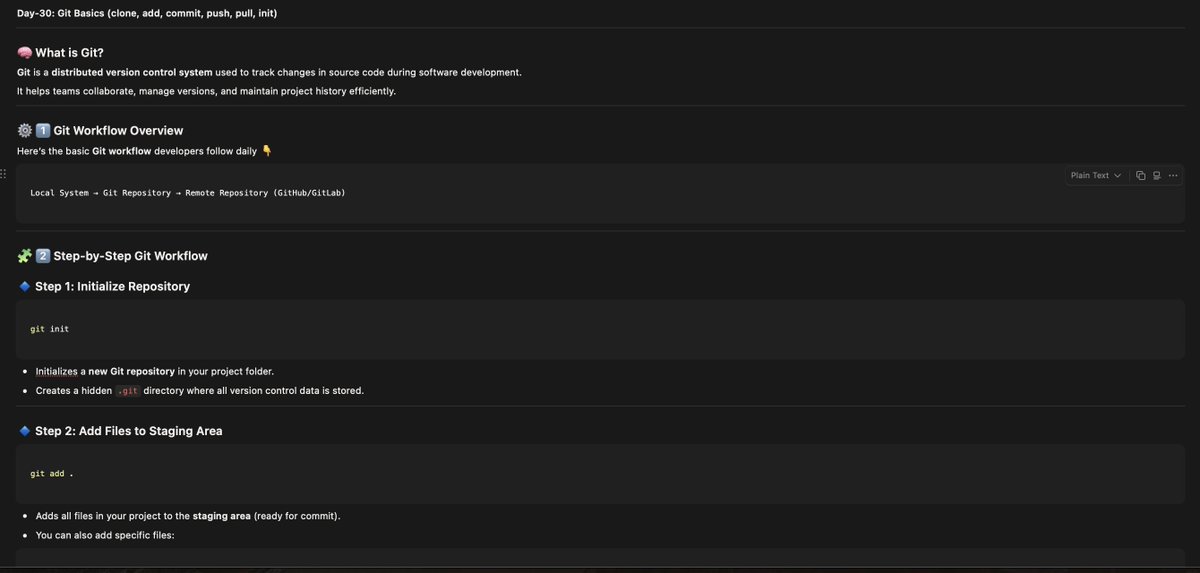 cloudinsteps's tweet image. Day-30: Git Basics (clone,add,commit,push,pull,init)
#devopsroadmap #AWS 

Summary:
Git helps you track, sync, and manage code easily - from init to push, every command moves your project forward collaboratively.

RoadMap:in.docworkspace.com/d/cIMLXosfHAoL…

Notes:notion.so/Day-30-Git-Bas…