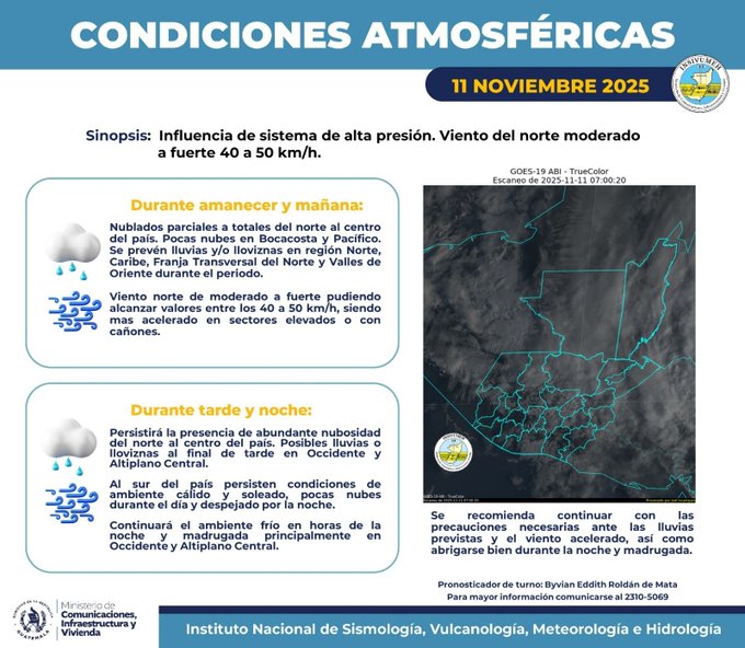 Infographic in blue and white with title Condiciones AtmosfÃ©ricas for 11 Noviembre 2025 showing sections on influences like sistema alta presion and viento del norte moderado at 40 a 50 km/h nubosidad y lluvias in central Caribbean Peten Norte Valle de Polochic and Pacific with afternoon showers in central and western regions possible thunderstorms and recommendations to follow updates from INSIVUMEH.
