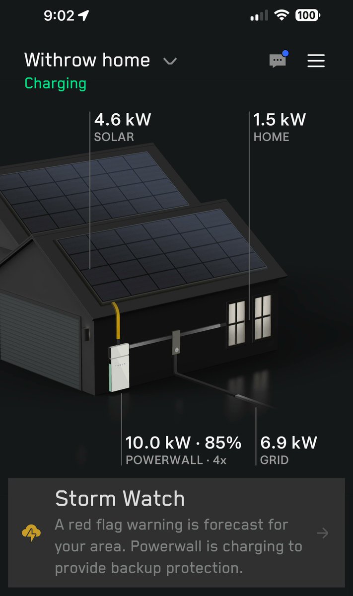 Powerwalls take care of us. I got a notification on my phone from the Tesla app that Powerwalls are topping themselves up from the grid because a storm is on the way. It is too early for the sun to have done the job yet. This is all automatic. 
Energy security is a wonderful