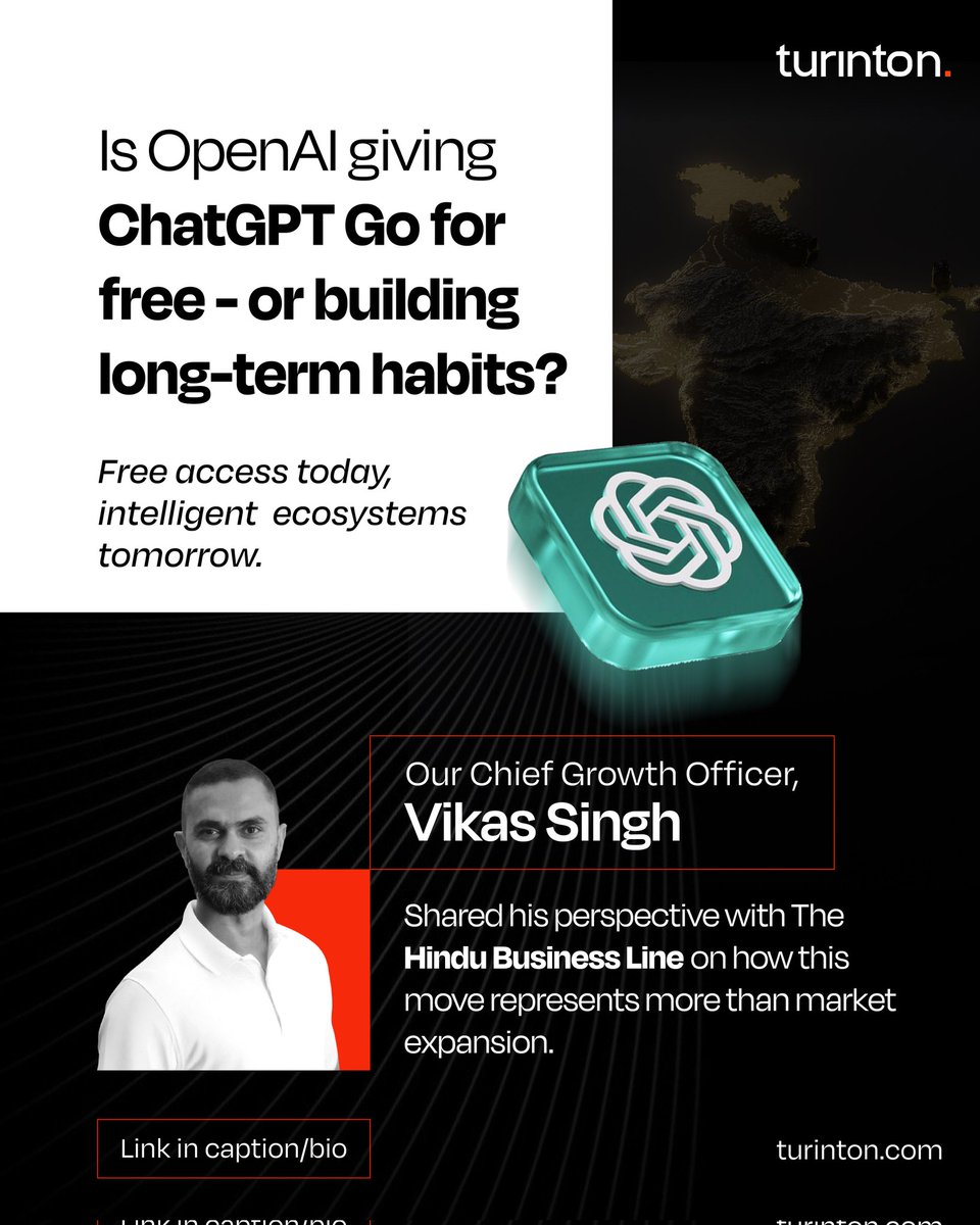 turinton's tweet image. Is OpenAI giving ChatGPT Go for free — or building long-term habits?
Free today, strategic tomorrow.
Our CGO Vikas Singh shares how this move shapes AI adoption, localisation, and data strategy in India.
Read more: thehindubusinessline.com/info-tech/open…
@businessline
#AI #ChatGPTGo #Turinton