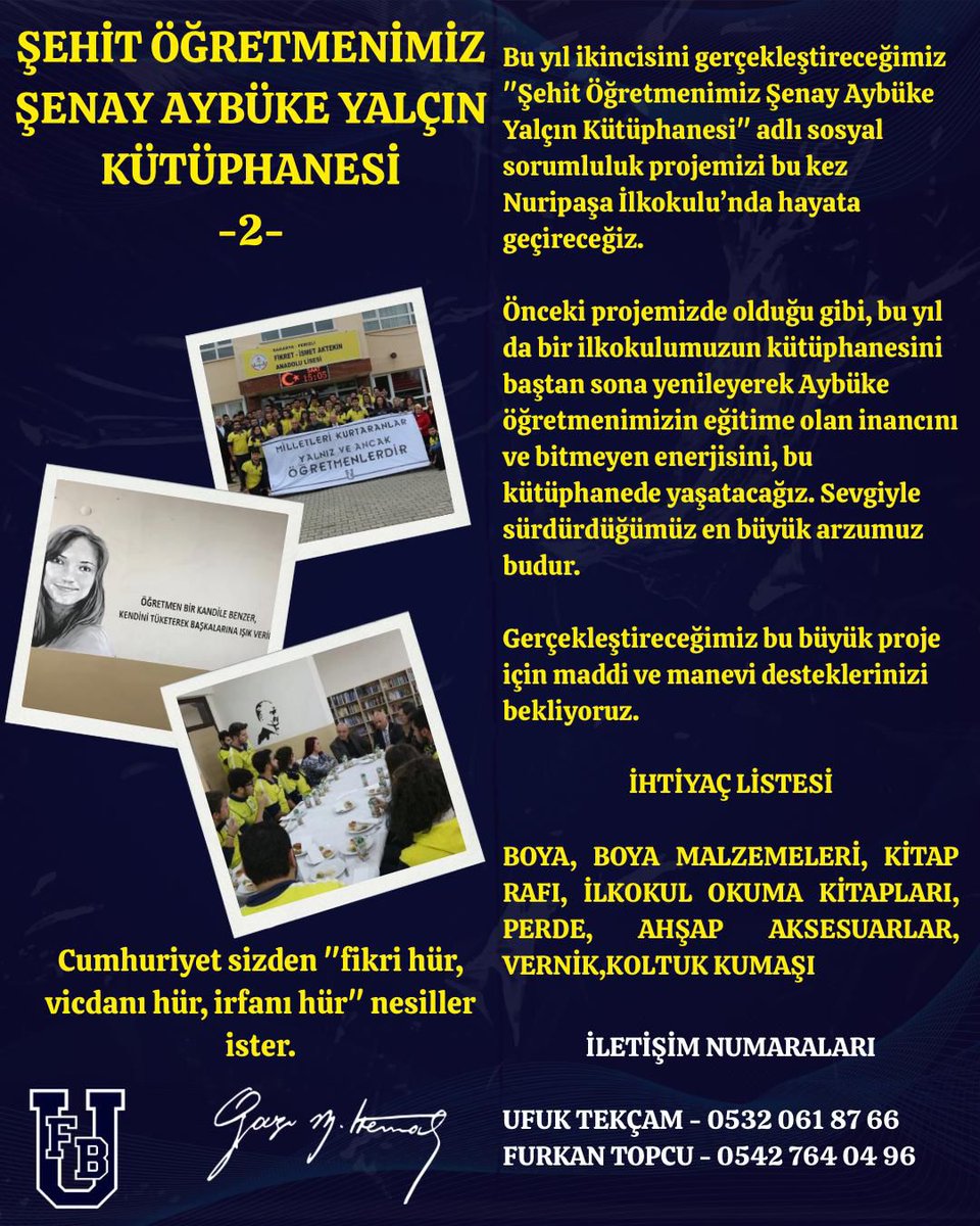 1907 ÜNİFEB Yeni Yüzyıl Üniversitesi örgütlenmesi olarak 2017 yılında şehit olan değerli hocamız Şenay Aybüke Yalçın anısına düzenlediğimiz kütüphane projemizin ikincisini Zeytinburnu Nuri Paşa İlkokulu'na açarak hayata geçireceğiz.