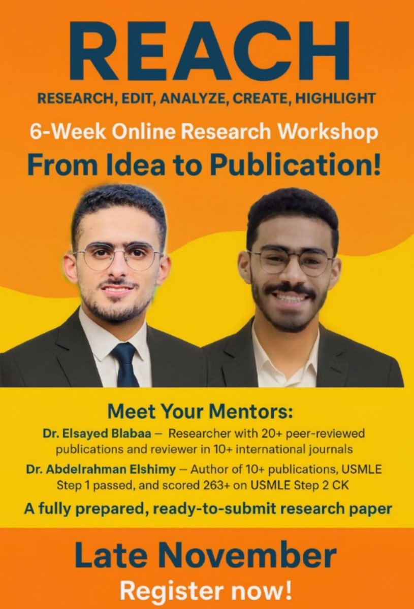 🎓 REACH: The Research-to-Publication Workshop.

A personalized mentorship for you.

Limited seats: Only 20 seats.

Get your first publication.

For more details, send us a message via WhatsApp:
+201227999117