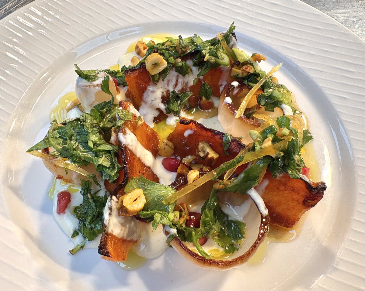 Channeling my inner Ottolenghi, harrisa-roast squash, feta dressing, spiced nuts, preserved lemon and mint