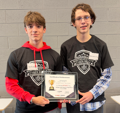 D-B students competed against 2 area schools to win the 1st Capture The Flag Competition on the Cyber Range at NESCC on 11/7.  They competed in a 3-phase competition to test their cyber defense skills &amp; challenges.
1st Place winners pictured below are Ian Freeman &amp; William Ewing.