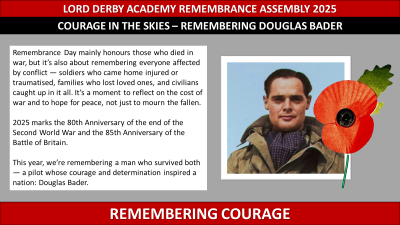 Pupils and staff at Lord Derby Academy have marked Remembrance Day with an assembly honouring Douglas Bader and a minute's silence. Lest we forget.