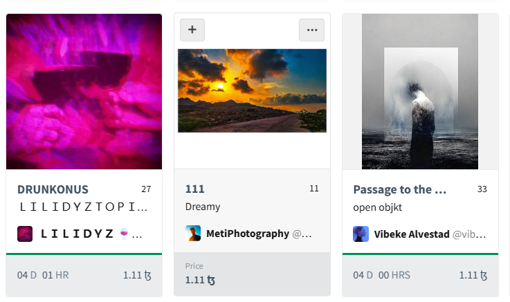 <a href="/objktcom/">objkt</a> <a href="/tezos/">Tezos</a> <a href="/arimitaNFT/">Arimita Mondal (Diti) 📸📸📸</a> <a href="/Ghostly_Kittens/">Jeff, The Ghostly Kitten! NFTNYC2024</a> <a href="/ItsReyhanArt/">Reyhan</a> <a href="/MacaawGirl/">Macaw Girl</a> <a href="/somnambula_0x/">somnambula</a> <a href="/PegahLari/">Pegah Lari</a> <a href="/anymatnft/">Alina</a> <a href="/jasminsaye/">Jasmin🫧</a> <a href="/nushinaam/">𝗡𝗨𝗦𝗛</a> <a href="/ImaginaryXNFTs/">ImaginaryXNFTs ☯ ✮⋆˙</a> <a href="/ElahehMollaei/">Elaheh Mollaei</a> <a href="/millaaaeth/">Milla</a> <a href="/DarkSun_888/">DarkSun</a> <a href="/Singer953/">Singer</a> <a href="/artbyjackied/">Jackied.tez</a> 🔸"A Cubist Carnival" by <a href="/laraart110/">✨🎇Lara Art | 💧 🔺️</a> 
🔹"Meter Made #068" by <a href="/TobyInTheMiddle/">MeterMan.tez</a> 
🔸"Passage to the Self" by <a href="/VibekeAlvestad/">Vibeke Alvestad</a> 
🔹"111" by <a href="/MetiPhotography/">MetiPhotography.eth /.tez / sol 🏝</a> 
🔸"DRUNKONUS" by <a href="/LILIDYZ/">𝙻𝙸𝙻𝙸𝙳𝚈𝚉.†𝙴𝚉 🍷</a>