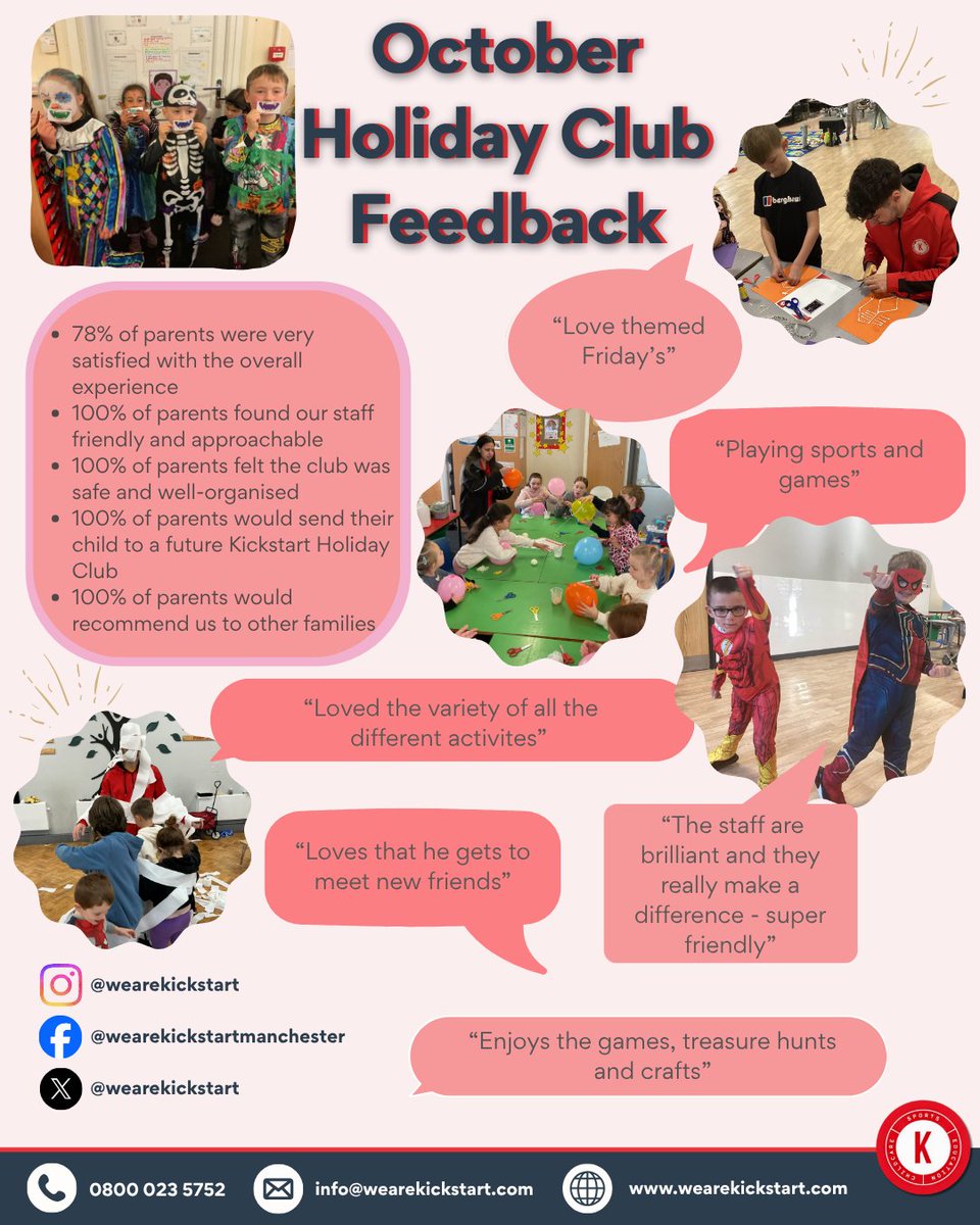 wearekickstart's tweet image. Friday Feedback from our October Holiday Club! 🎉

Parents loved it, kids had a blast! From themed Fridays to treasure hunts, games, and crafts – 100% would recommend us. 💯
#HolidayClub #FridayFeedback #FunAndLearning #ParentApproved #Kickstart