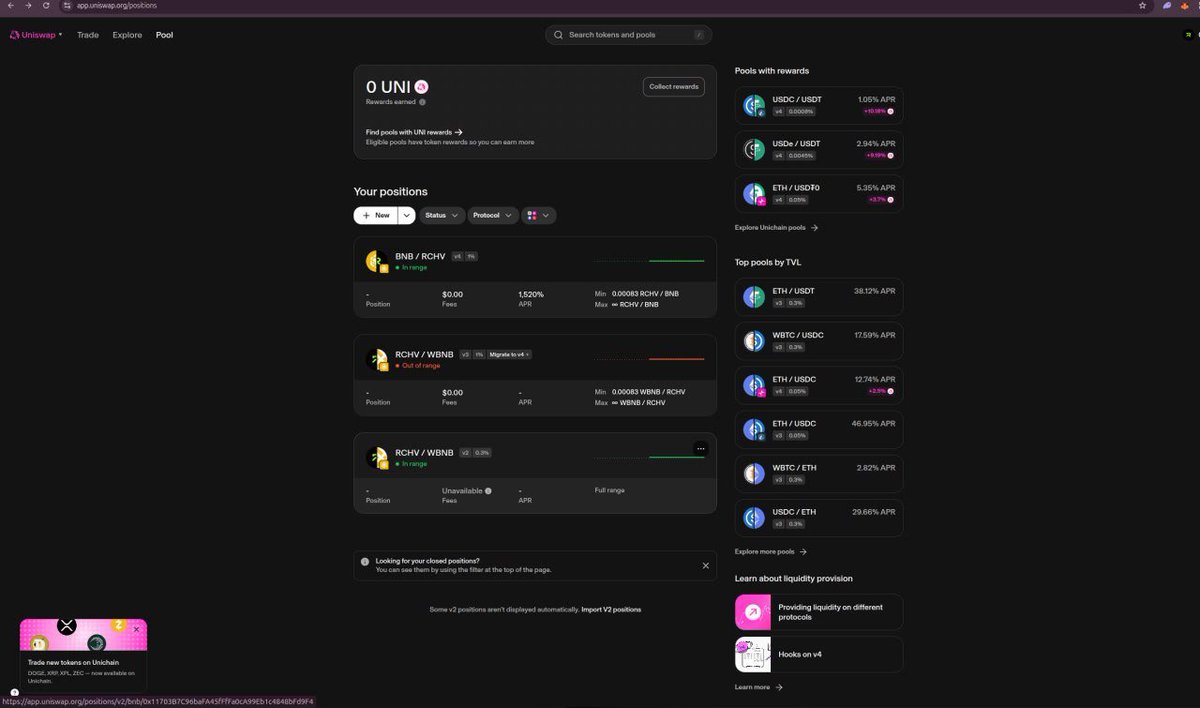 $RCHV liquidity pools are now live on Uniswap across V2, V3, and V4 on Binance Smart Chain.

Liquidity providers can now add RCHV to any version of the Uniswap protocol and help strengthen market depth for the token.

Link: app.uniswap.org/positions/crea…

bscscan.com/tx/0xda324c066…