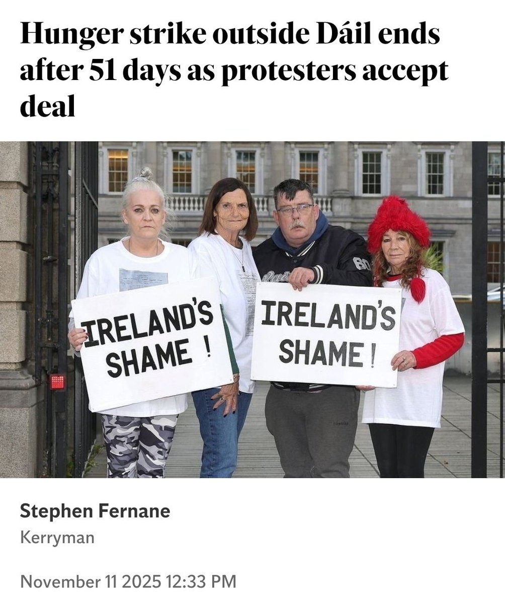 Hunger strike outside Dáil ends after 51 days as protesters accept deal  - Stephen Fernane 

Kerry natives Mary Donovan, Miriam Moriarty Owens, Maurice Patton-O'Connell, and County Carlow woman, Mary Dunlevy Greene, are survivors of industrial and reformatory schools.

The