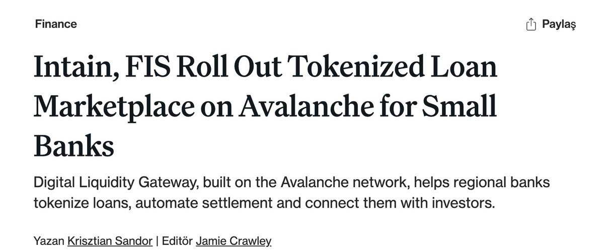 FIS and <a href="/intainft/">Intain</a> are onboarding banks &amp; investors to their <a href="/avax/">Avalanche🔺</a>-based loan marketplace, with hundreds of millions in tokenized CRE &amp; aviation loans set to move on-chain by year-end.

This is what happens when TradFi meets onchain.