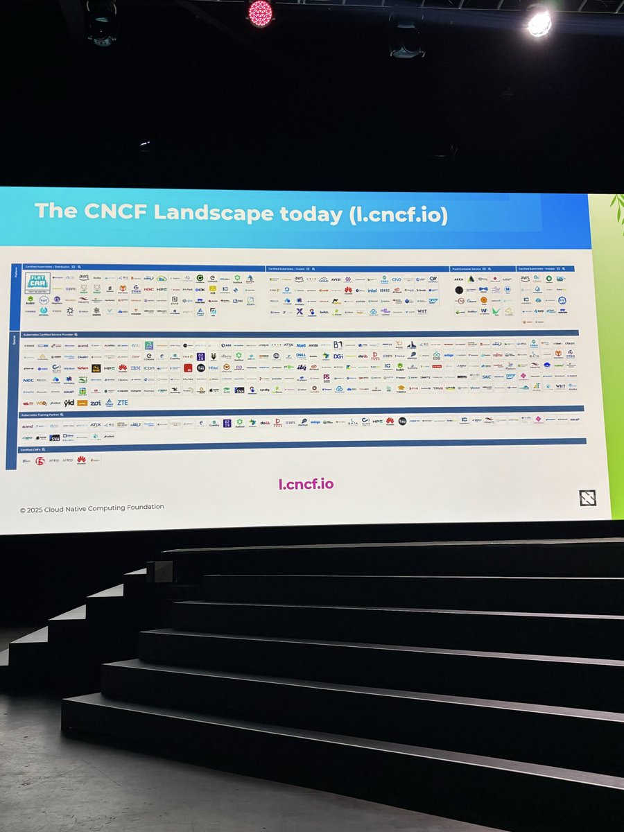 reylejano's tweet photo. #KubeCon day 1 keynotes: Chris Aniszczyk and Jonathan Bryce talking about 10 years of CNCF and how cloud native is everywhere, the growth of cloud native projects, and how cloud native and AI are merging https://t.co/I4KxaoW1gA
