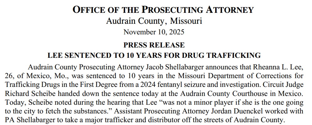 AudrainCoPA's tweet photo. Rheanna Lee sentenced to ten years in prison for fentanyl trafficking. 1/3 https://t.co/oy1AXt6K0F