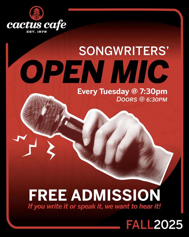 cactuscafeatx's tweet image. TONIGHT: Songwriters’ Open Mic! Austin’s best songwriters (and @utaustintx talent!) share their original tunes in a cozy, creative space. FREE to attend! Want to hop on stage? Reach out to Jake Farr at jakefarrmusic@gmail.com. #OpenMicNight #LiveMusicAustin #MeetMeAtTheCactus