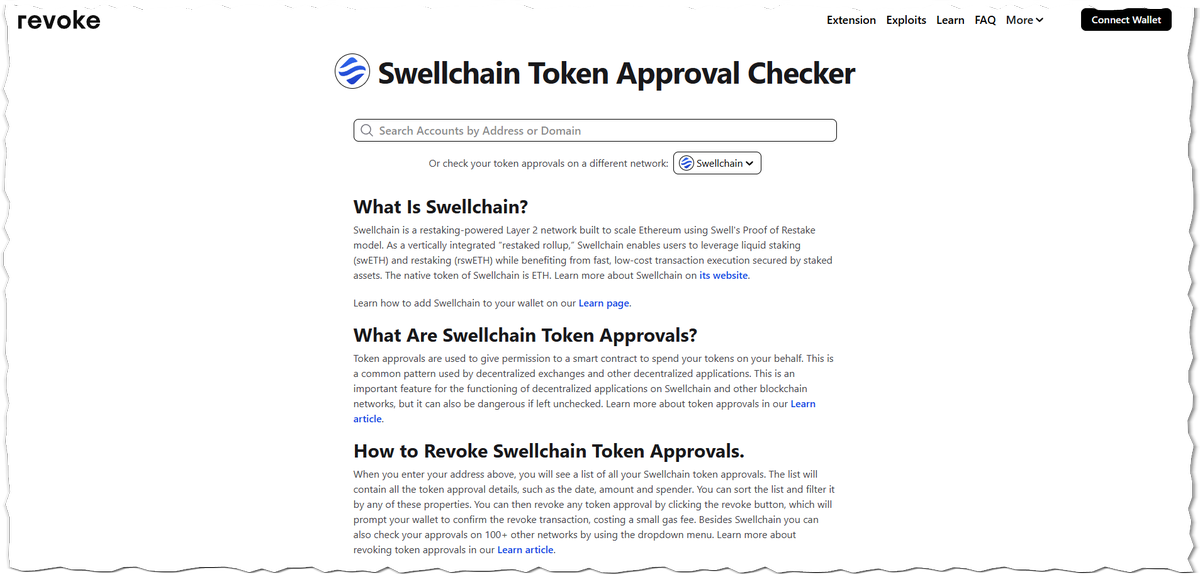 LFG! 

Thanks @revokecash for adding Swellchain support!

Our users can now revoke approvals safely on <a href="/swellnetworkio/">Swell</a>

From TODO to DONE ✅

Swellchain Token Approval Checker | Revoke.cash