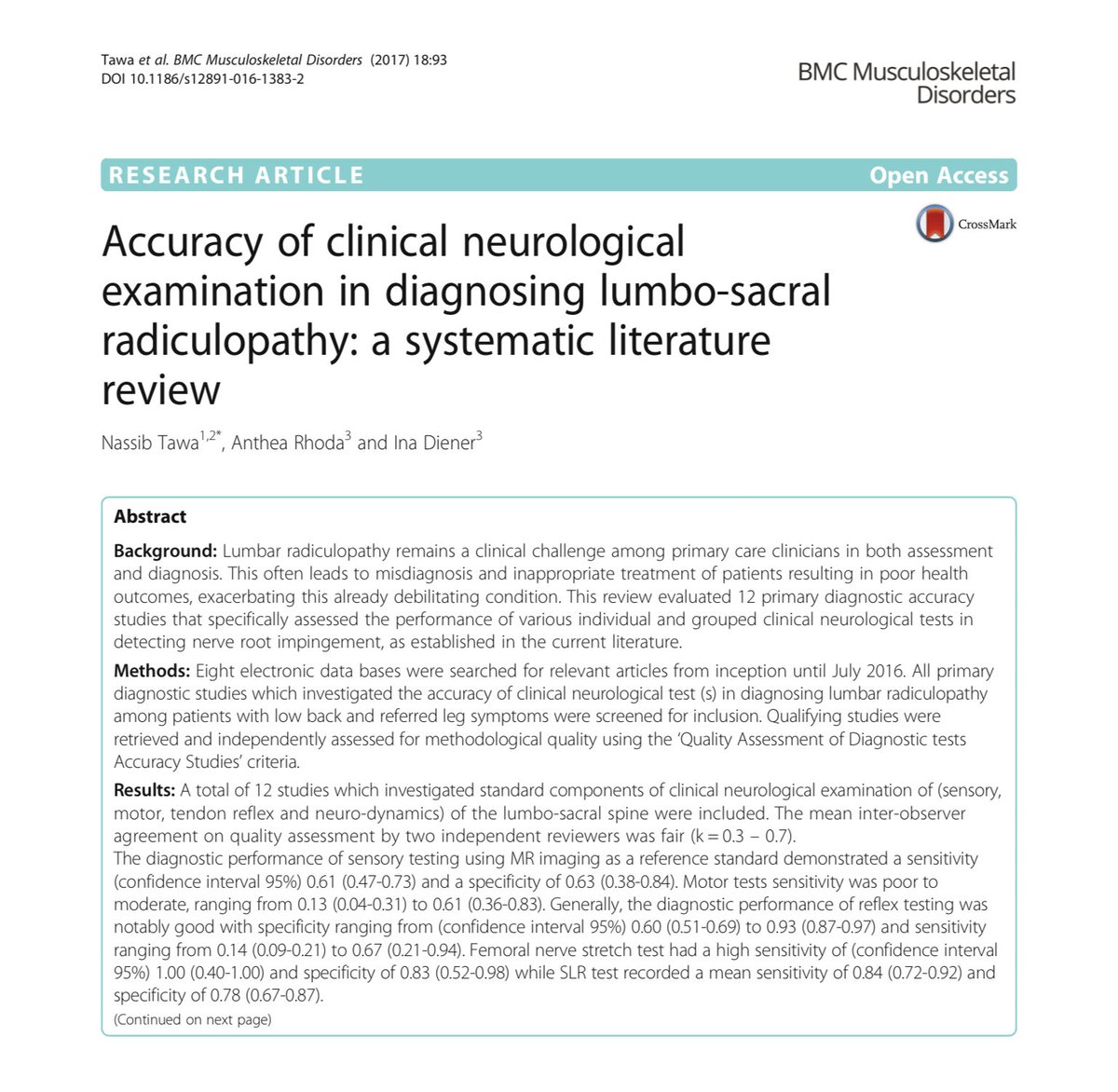 Accuracy of clinical neurological examination in diagnosing lumbo-sacral radiculopathy: a systematic literature review
…musculoskeletdisord.biomedcentral.com/articles/10.11…