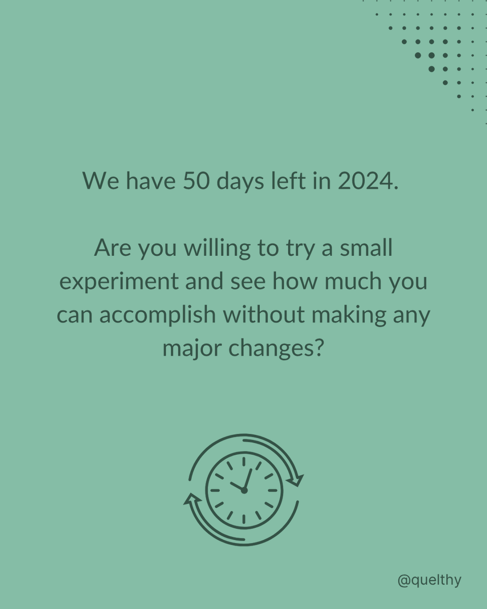 QuelthyNY's tweet photo. Are you up for an experiment?
Finish 2025 strong! Discover what you can accomplish in just 50 days with a slight shift in one habit 👇
#Quelthy #socialmedia #parentscorner #newyearresolutions #challenge #productivity #goals https://t.co/NqIF6TURQ5