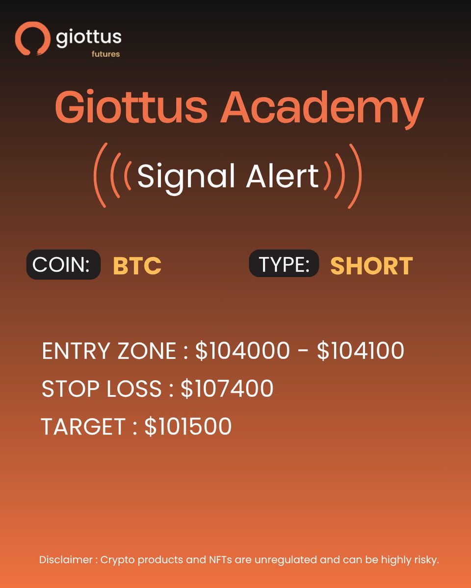 📉 Giottus Academy Signal Alert

BTC | SHORT

🎯 Entry: $104,000–$104,100 | SL: $107,400 | Target: $101,500

Trade here 👉 giottus.go.link/app/futures/BT…

#GiottusAcademy #GiottusFutures #CryptoSignals #CryptoMarket