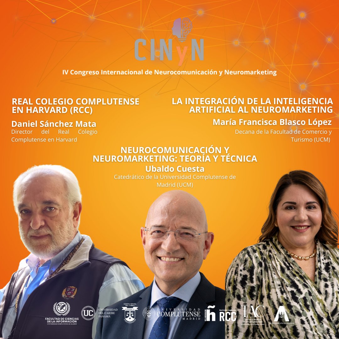 ¡El CINyN llega con todo! 
No te pierdas estas 3 ponencias magistrales:

📍 Presencial: Biblioteca Municipal de Astorga
🌐 Online: youtube.com/live/11Fhw3AD-…
#CINyN #Neuromarketing #Neurocomunicación #InteligenciaArtificial #Harvard #Comunicación