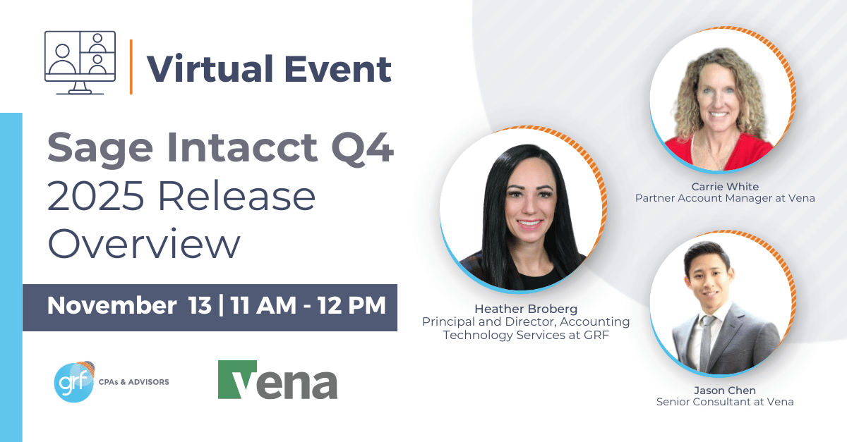 GRFCPAs's tweet image. Explore the latest in #SageIntacct’s Q4 2025 Release! Join Heather Broberg from GRF and Vena’s Jason Chen and Carrie White for a live demo of new AI-driven budgeting and advanced reporting tools designed to optimize your finance operations.
hubs.la/Q03RPw4v0
#AI #Webinar