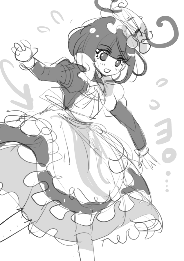 これは、ボール投げる時のよろけるムクちゃんが可愛いよね、という気持ちと、可愛い子にはメイド服を着せたいという気持ちが👿合体したラフ。