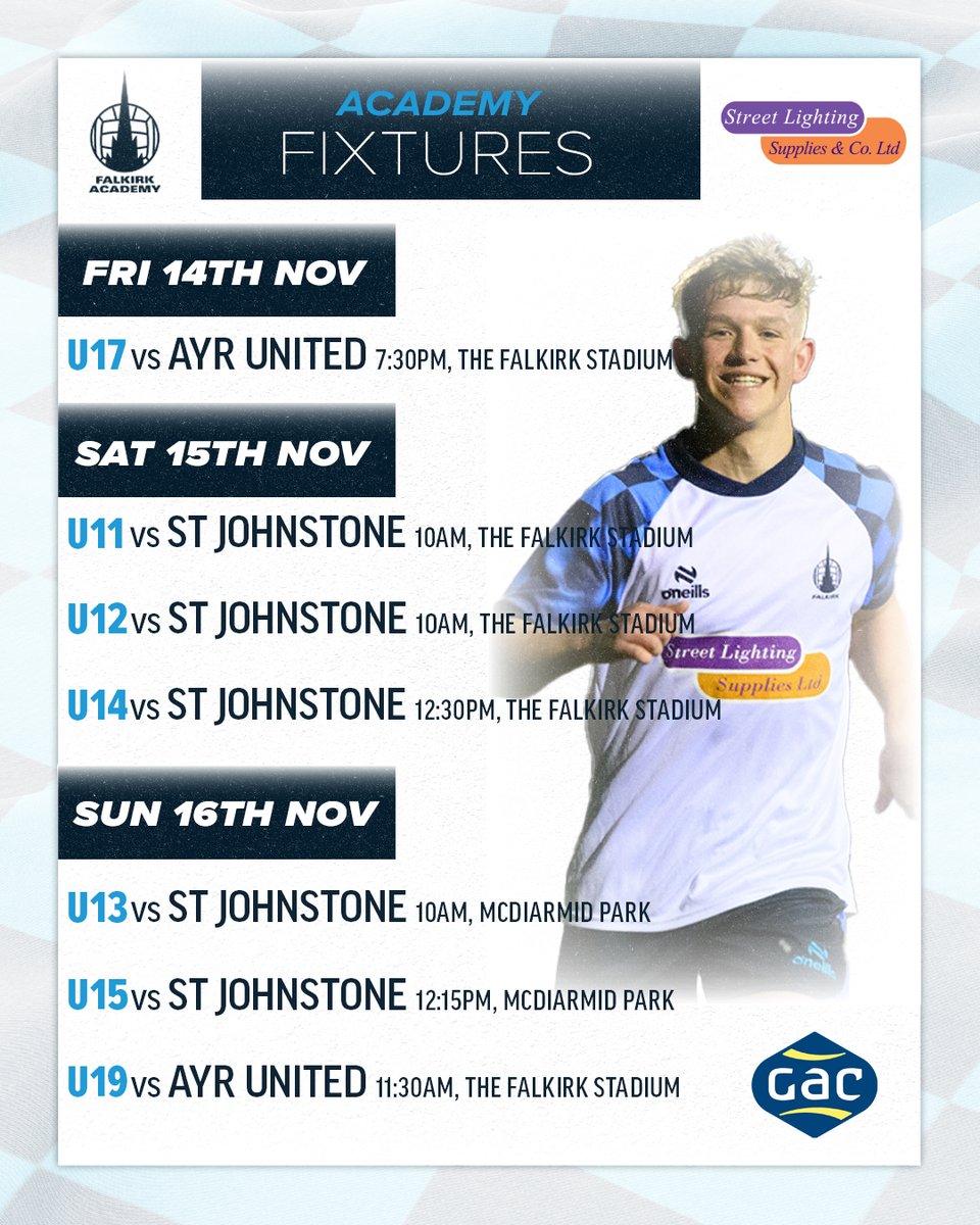 🤔 Missing the first team this international break?

📅 There's a full card of Falkirk Academy fixtures on to keep you covered, with our Under-17's taking on Ayr United at 7.30pm on Friday night, and our Under-19's also facing Ayr on Sunday morning!

🤝 <a href="/streetlightings/">Street Lighting Supplies</a>