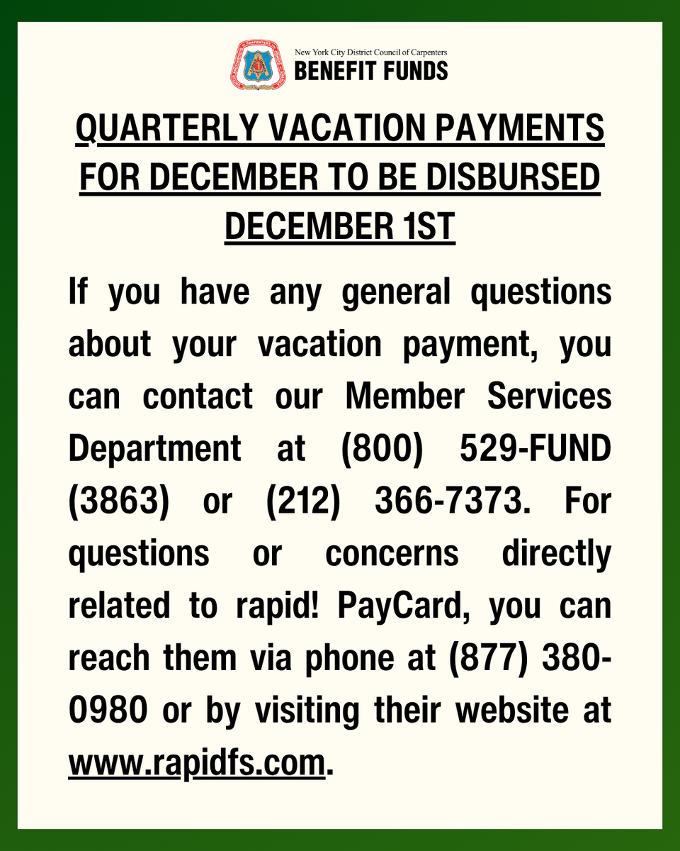NYCDCC – your next Vacation Benefit is scheduled to be paid on or about December 1st.

To learn more about your upcoming “December” vacation payment, read our latest web article: nyccbf.org/quarterly-vaca…