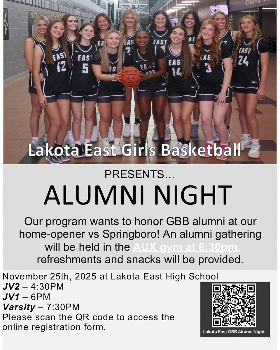 lehsgirlsbball's tweet photo. 📢 CALLING ALL LAKOTA EAST GIRLS BASKETBALL ALUMNI! 🦅🏀 

Join us for alumni night at our first home game on November 25th

Access the online registration form here: https://t.co/owM3L7SwtR https://t.co/UQJexvxPgX