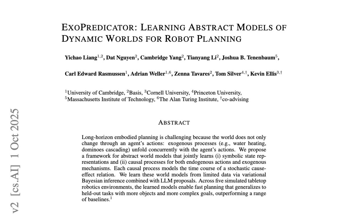 yichao_liang's tweet image. New preprint on learning abstract world models for robotics planning. Paper + code below. 🤖🌐

Must an agent plan by simulating pixels frame by frame, or can it think in abstractions? Consider planning an international flight: we can reason about buying tickets, changing…