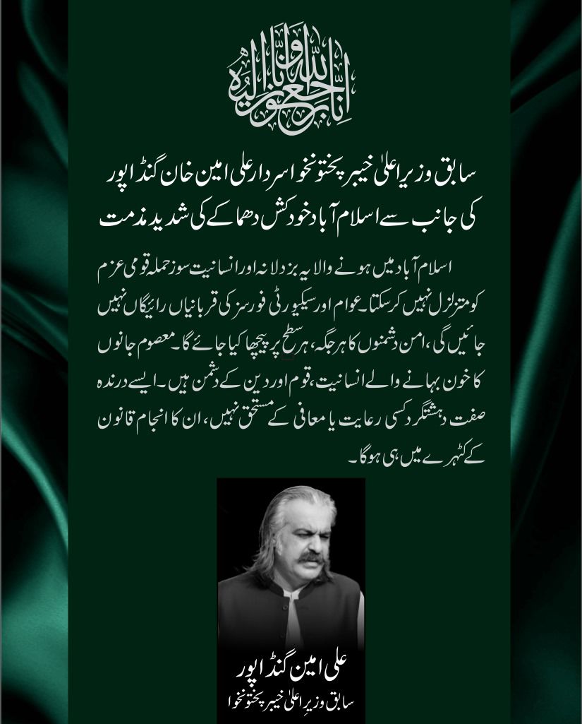 سابق وزیراعلیٰ خیبرپختونخوا سردار علی امین خان گنڈا پور کی جانب سے اسلام آباد خودکش دھماکے کی شدید مذمت
#ایسے_دستور_کو_میں_نہیں_مانتا