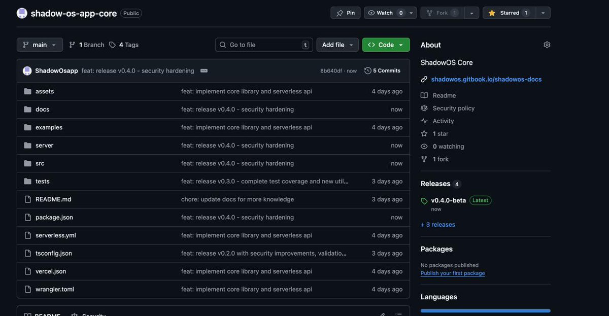 ShadowOS release v0.4.0 - security hardening!

- Security: Add constant-time operations to prevent timing attacks
- Security: Add secure key derivation (HKDF, PBKDF2)
- Security: Add comprehensive input sanitization utilities
- Security: Add security headers middleware for API
-