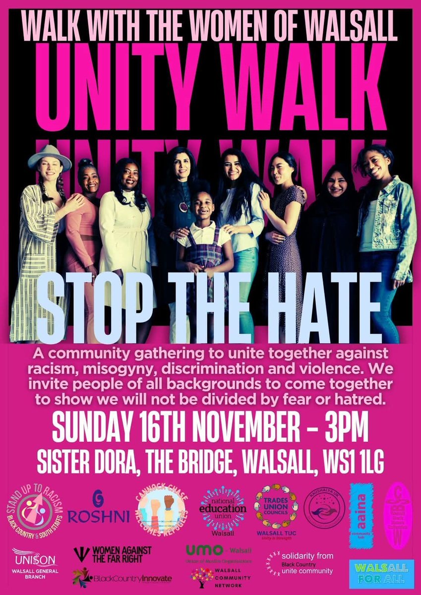 Equity members will join fellow trade unionists walking with the women of Walsall this Sunday in a march against hate.  

Join them at 3pm, Sunday 16 November WS1 1LG