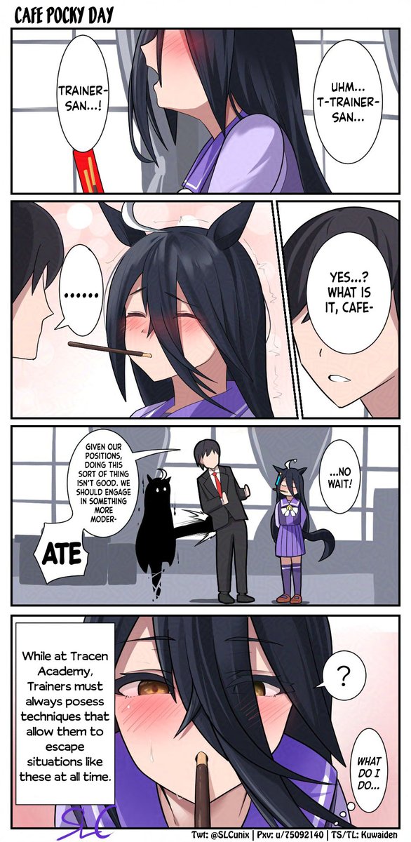 Kuwaiden's tweet photo. Cafe Pocky Day (Repost) by @SLCunix 

Akikawa and Tazuna gave us guidelines without really giving us the proper tools. What did they mean by this?

#ウマ娘 #Umamusume 
#ウマ娘英訳 #UmaTranslations https://t.co/HKITvvVvMz