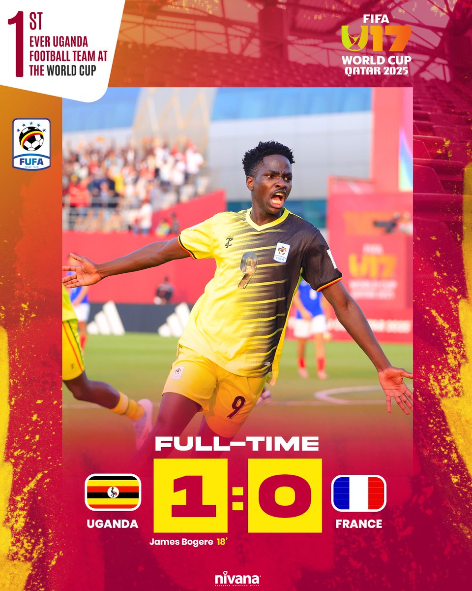 A big W! Uganda wins the no retreat, no surrender match 💪

Full-time: Uganda U17 1️⃣–0️⃣ France U17
⚽ James Bogere

#UGAFRA | #U17WC
