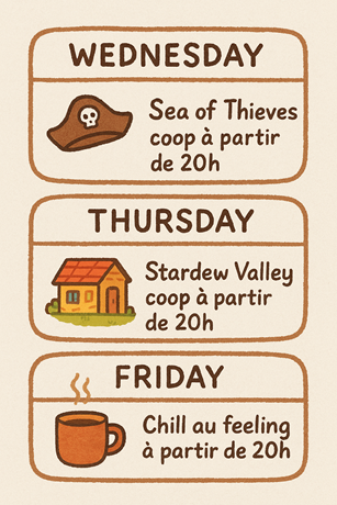 Hello ! 

Mercredi 🌊Sea of Thieves à 20h avec Tesso et Tri5
Jeudi 🌾 Stardew Valley à 20h avec <a href="/Madorly/">Madorly</a> 
Vendredi ☕ Chill au feeling à 20h

<a href="/TwitchFR/">Twitch FR</a> <a href="/SeaOfThieves/">Sea of Thieves</a> <a href="/ConcernedApe/">ConcernedApe</a> 

→ twitch.tv/eloisedream
